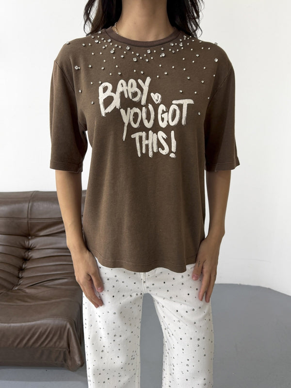 Kahverengi Taş İşleme Baskılı Tshirt 8139-Kahverengi
