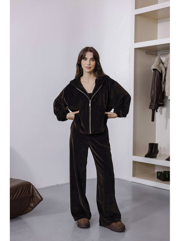 Kahverengi Üç Parça Kadife Takım 0097-Kahverengi