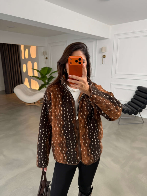 Kahverengi Bambi Ön Fermuarlı Peluş Sweat 23313-Kahverengi