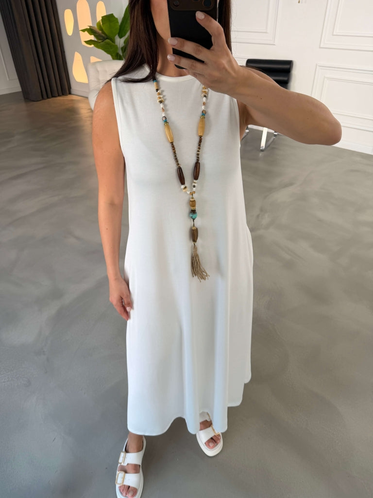 Beyaz Bisiklet Yaka Maxi Modal Elbise 4142-Beyaz