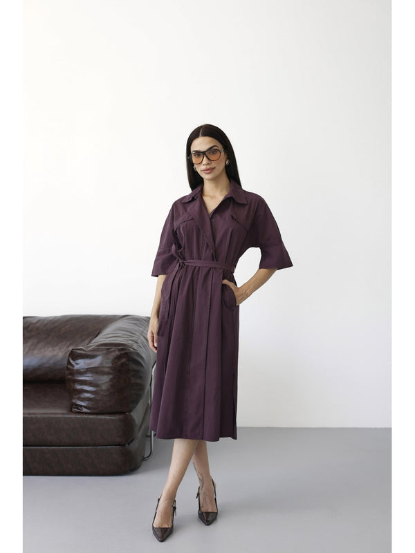 Mürdüm Önden Fermuarlı Kuşaklı Elbise 0049-Mürdüm