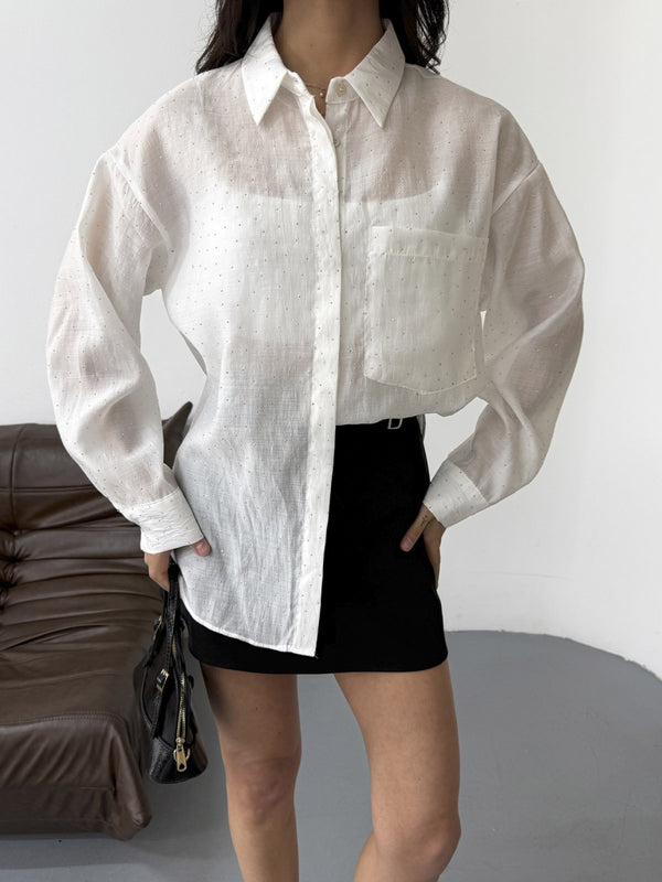 Beyaz Taş Baskılı Gömlek 8126-Beyaz