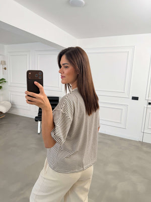 Ekru Çizgili Orj Marka Oversize Tshirt 6274-Ekru