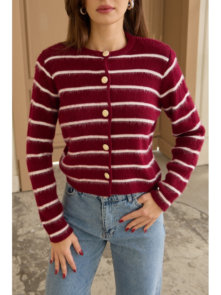 Bordo Çizgili Gold Düğmeli Hırka