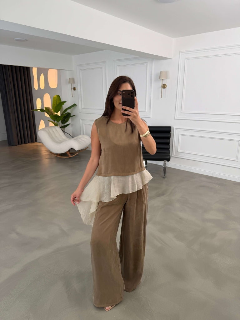Bronz Eteği Garnili Bluz Pantolon Takım 51391-Bronz