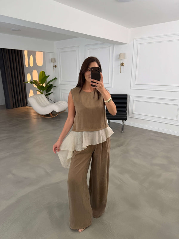 Bronz Eteği Garnili Bluz Pantolon Takım 51391-Bronz