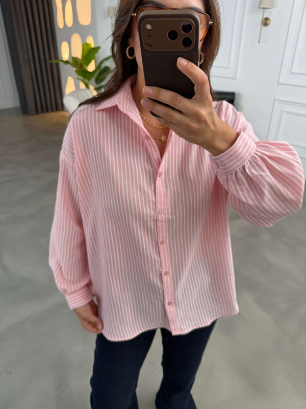 Pembe Çizgili Oversize Gömlek 2021-Pembe