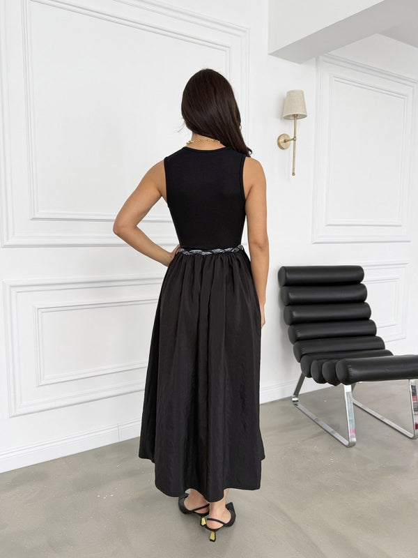 Siyah Fular Kemerli Maxi Elbise 1801-Siyah