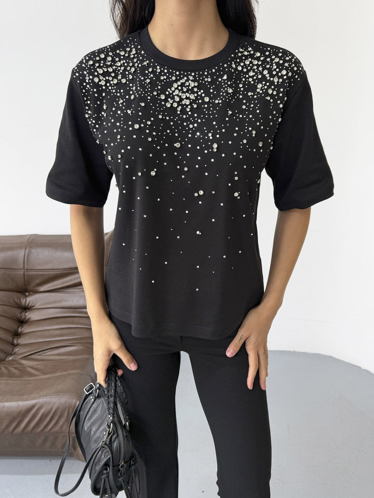 Siyah Yakası Taş İşlemeli Tshirt 8202-Siyah