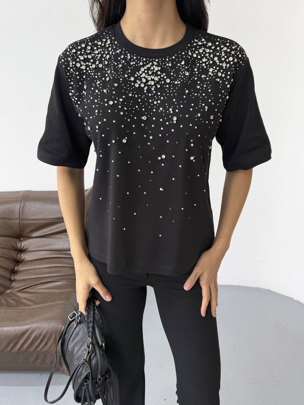 Siyah Yakası Taş İşlemeli Tshirt 8202-Siyah