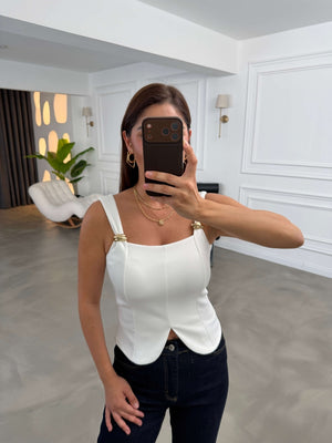 Beyaz Omuzu Gold Tokalı Bluz 4272-Beyaz