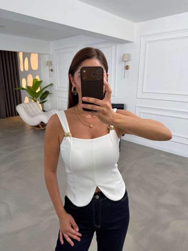 Beyaz Omuzu Gold Tokalı Bluz 4272-Beyaz