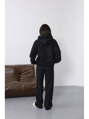 Siyah Taş Baskılı Kapşonlu Takım 4231-Siyah