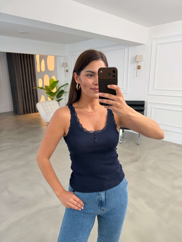 Lacivert Fitilli Dantel Detaylı Atlet 26343-Lacivert