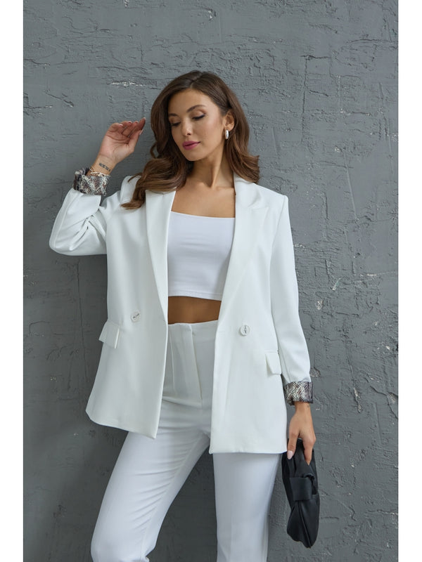 Beyaz Leopar Kol Katlamalı Blazer Ceket