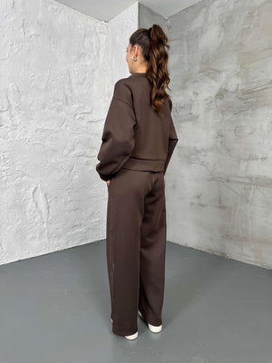 Kahverengi Paraşüt Şeritli Fermuarlı Scuba Takım 2624-Kahverengi