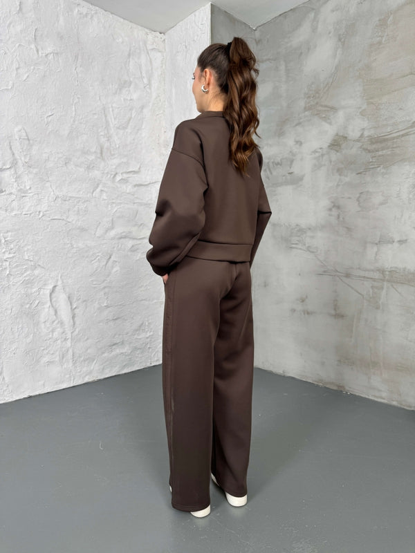 Kahverengi Paraşüt Şeritli Fermuarlı Scuba Takım 2624-Kahverengi