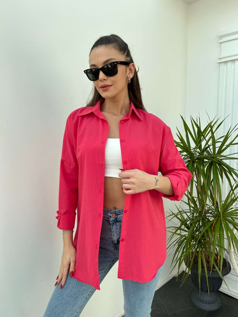 Fuşya Oversize Poplin Gömlek 4772-Fuşya