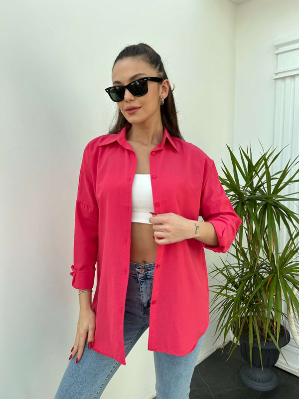 Fuşya Oversize Poplin Gömlek
