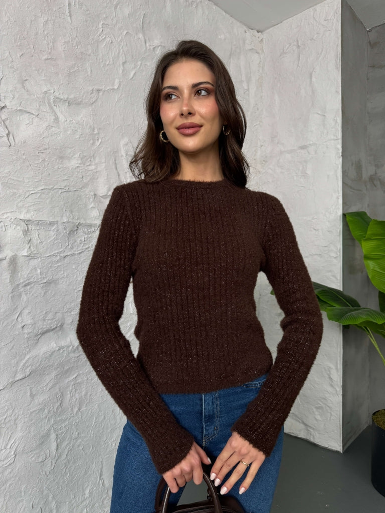 Kahve Simli Yumoş Kazak 2543-KAHVE