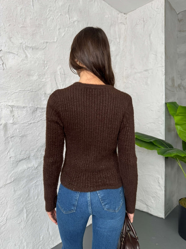 Kahve Simli Yumoş Kazak 2543-KAHVE