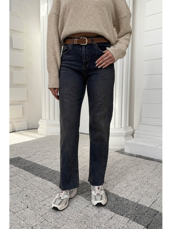 Kahve Yıkamalı Mavi Kesik Paça Kermerli Jean AK102-Mavi