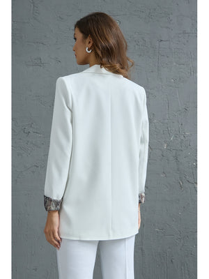 Beyaz Leopar Kol Katlamalı Blazer Ceket