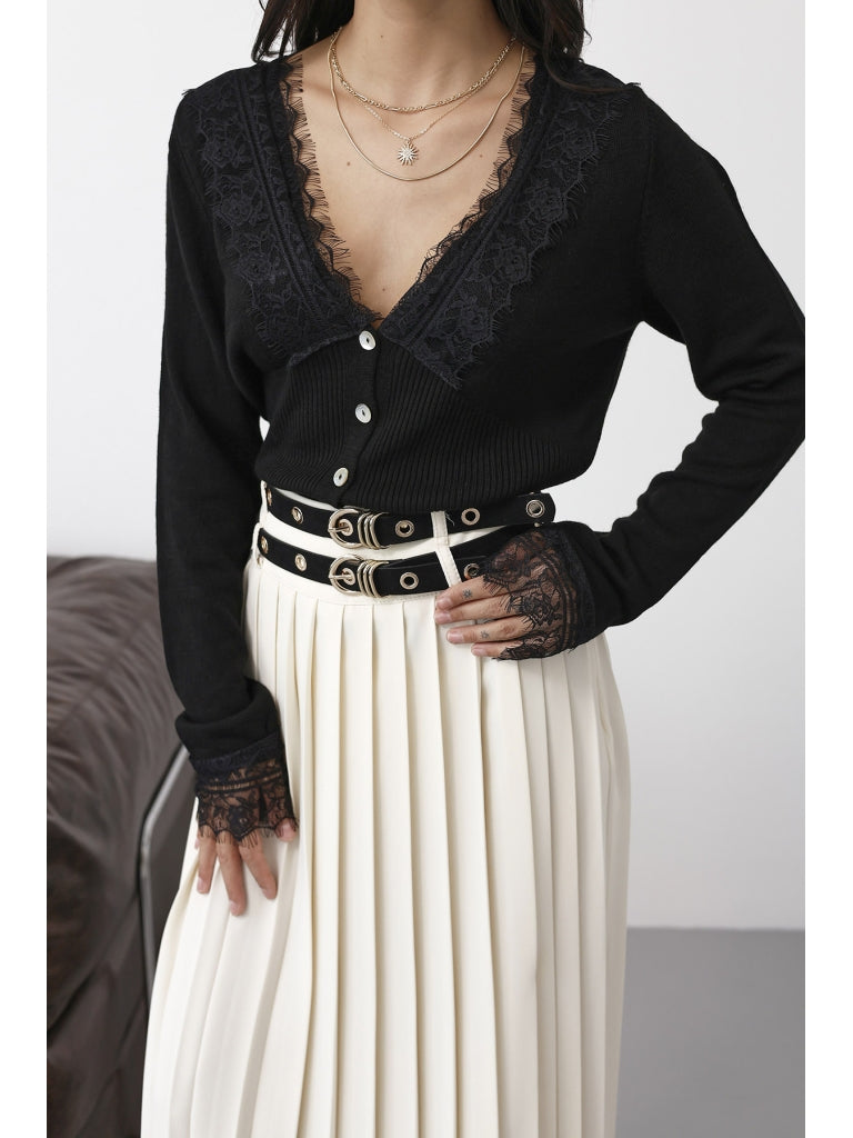 Siyah Dantel Detaylı Triko Hırka 251066-Sİyah