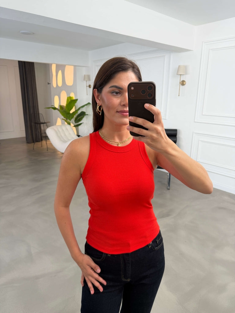 Kırmızı Halter Yaka Fitilli Body 23067-Kırmızı