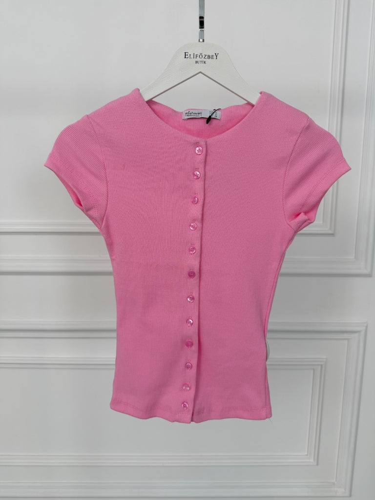 Pembe Fitilli Likralı Bluz 10905-Pembe