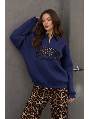 Lacivert Leopar Nakışlı Polo Yaka Sweat