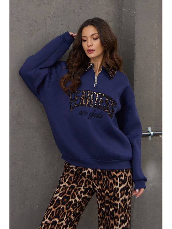 Lacivert Leopar Nakışlı Polo Yaka Sweat