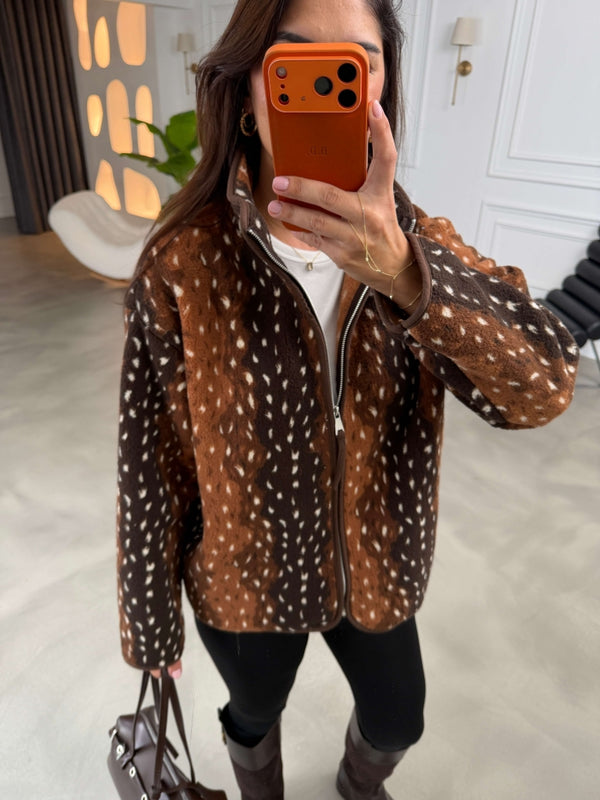 Kahverengi Bambi Ön Fermuarlı Peluş Sweat 23313-Kahverengi