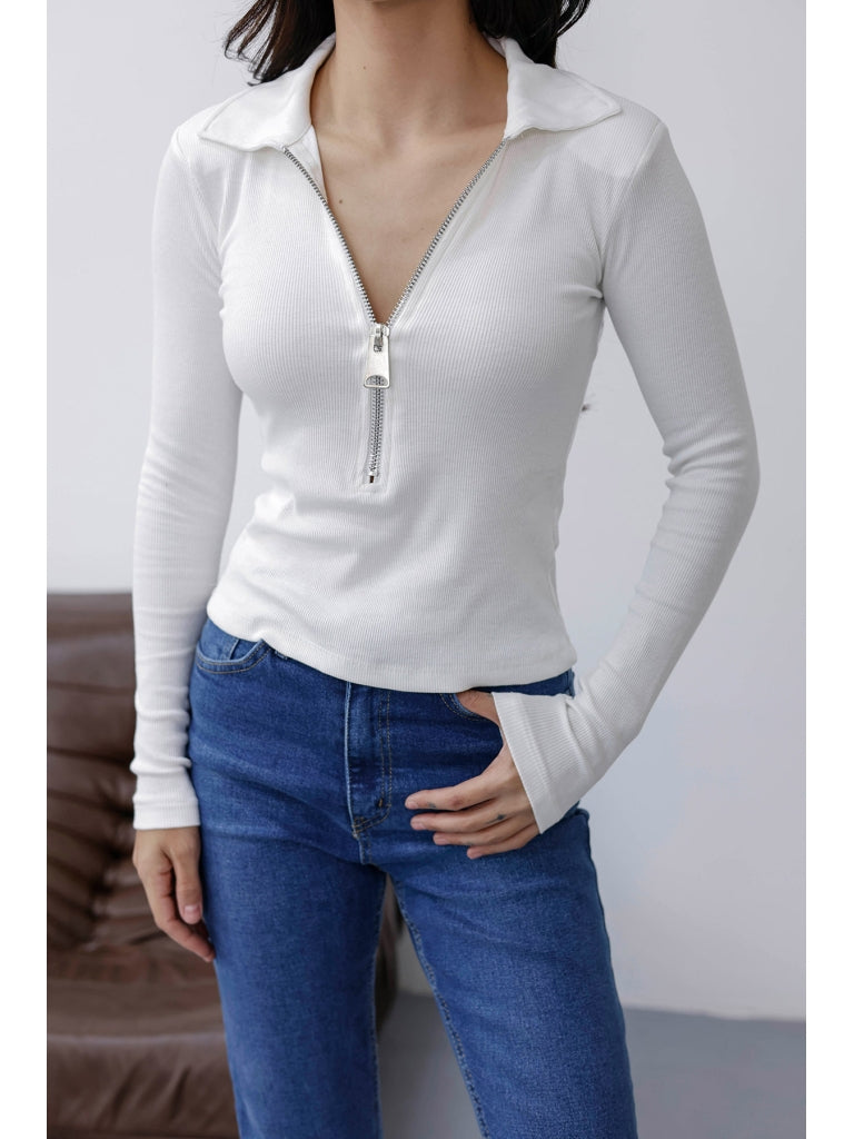 Ekru Yakası Fermuarlı Vatkalı Bluz 30412-Ekru
