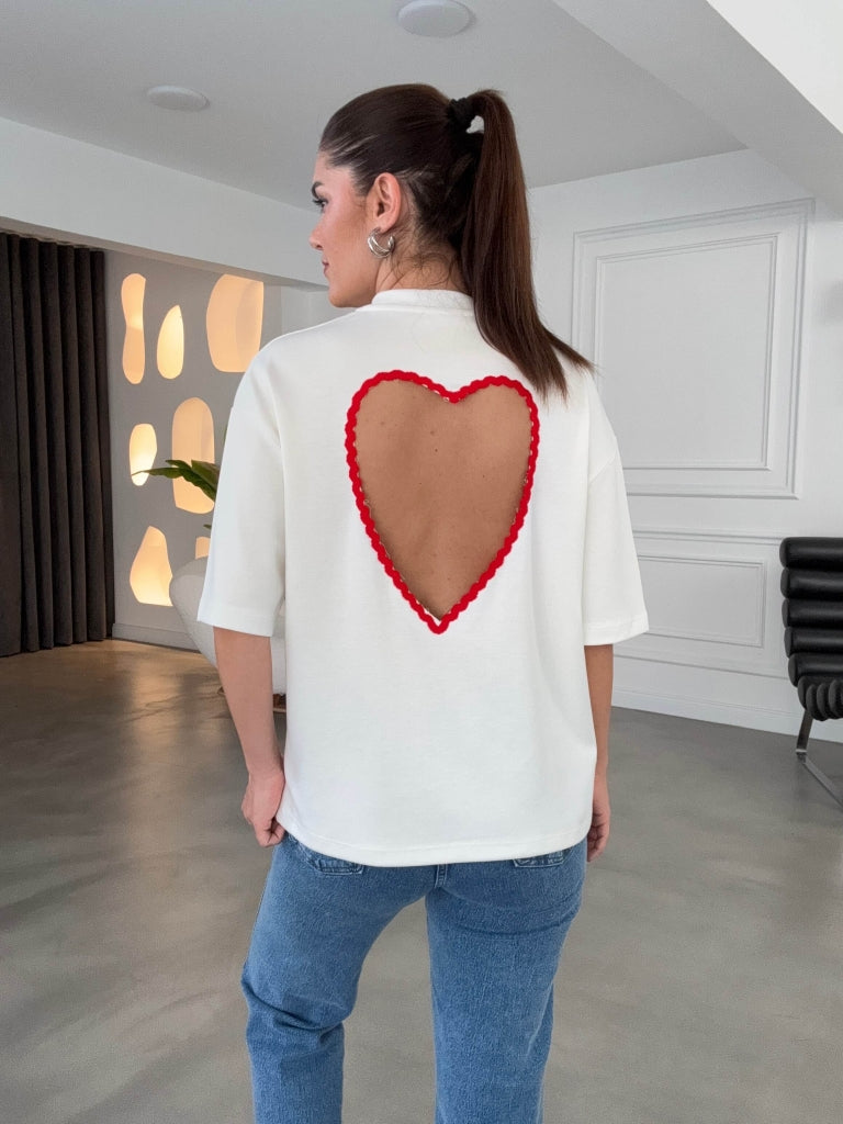 Ekru Kırmızı Sırtı Kalp Dekolteli Tshirt 1113-Ekru Krımızı