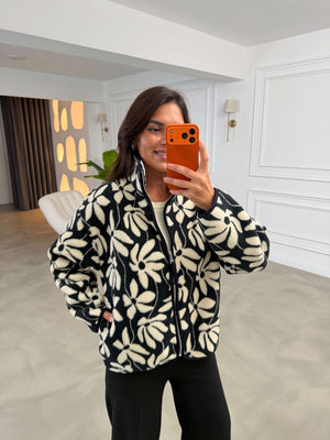 Lacivert Ekru Çicekli Ön Fermuarlı Peluş Sweat 22889-Lacivert Ekru
