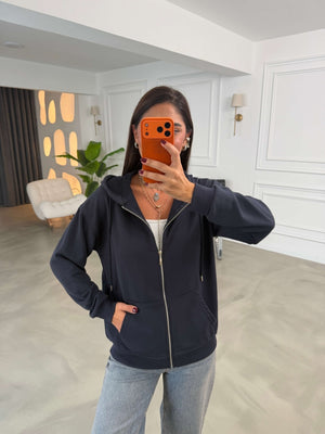 Lacivert Kapüşonlu Fermuarlı Basic Sweatshirt 4321-Lacivert