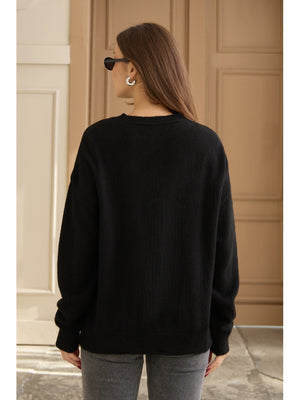 Siyah Keten Çiçekli Oversize Kazak