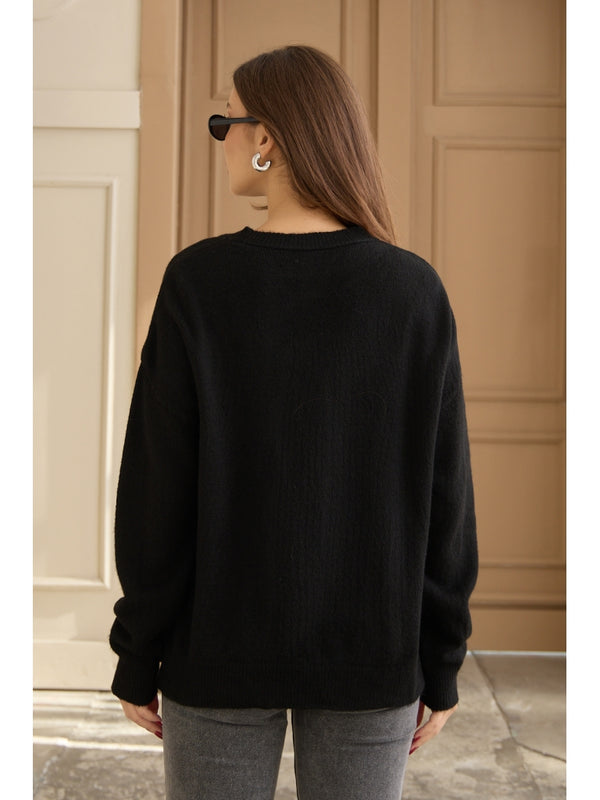Siyah Keten Çiçekli Oversize Kazak