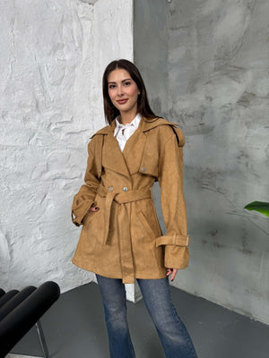 Camel Kuşaklı Süet Trenç