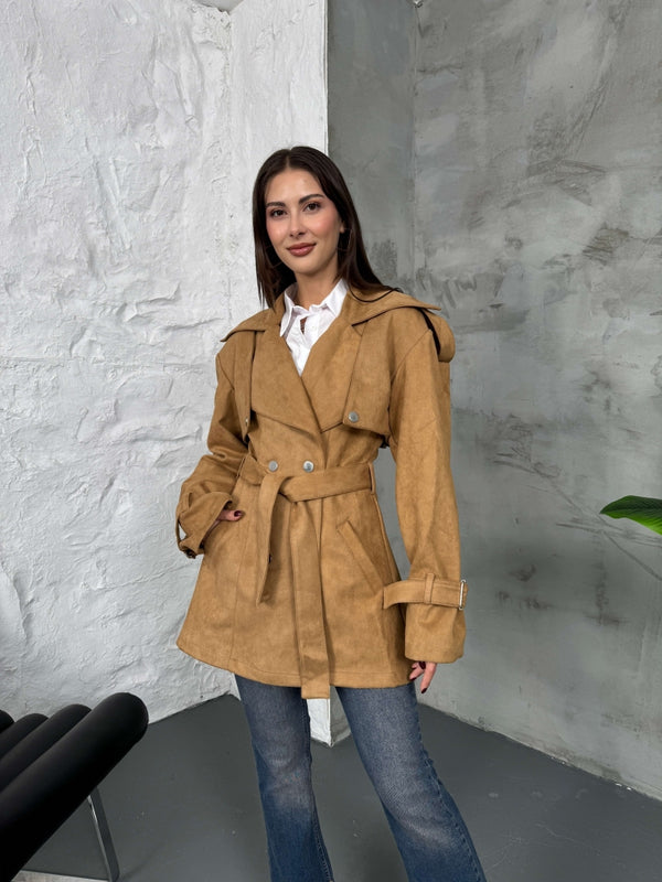 Camel Kuşaklı Süet Trenç