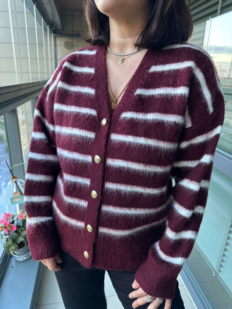 Bordo Çizgili Gold Düğmeli Yumoş Hırka