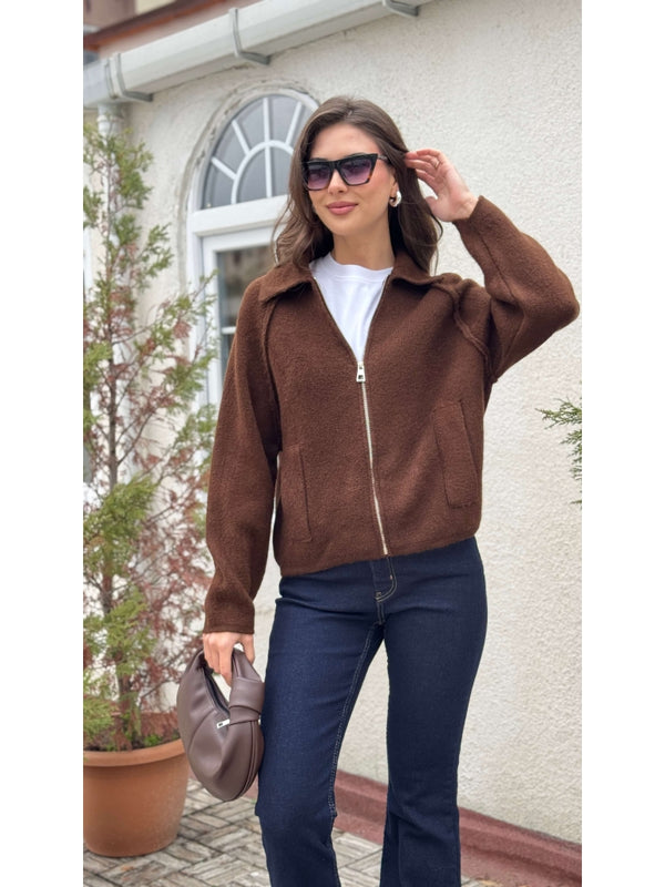 Acı Kahve Polo Yaka Fermuarlı Hırka 2381-Kahve