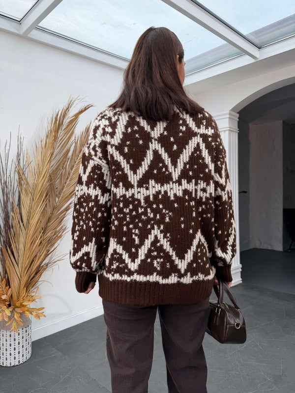 Kahve Jakarlı Yumuşak Oversize Triko Kazak 2559-KAHVE