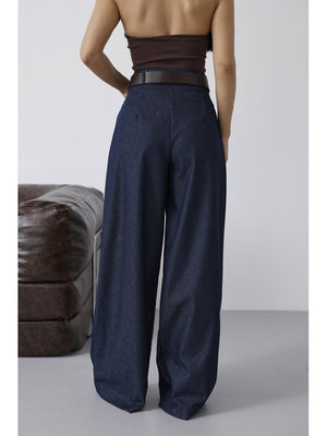 Mavi Belden Pileli Kemerli İnce Denim Pantolon 58479-Mavi