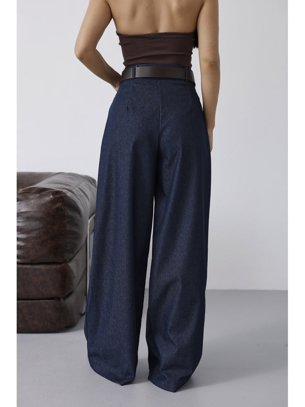 Mavi Belden Pileli Kemerli İnce Denim Pantolon 58479-Mavi