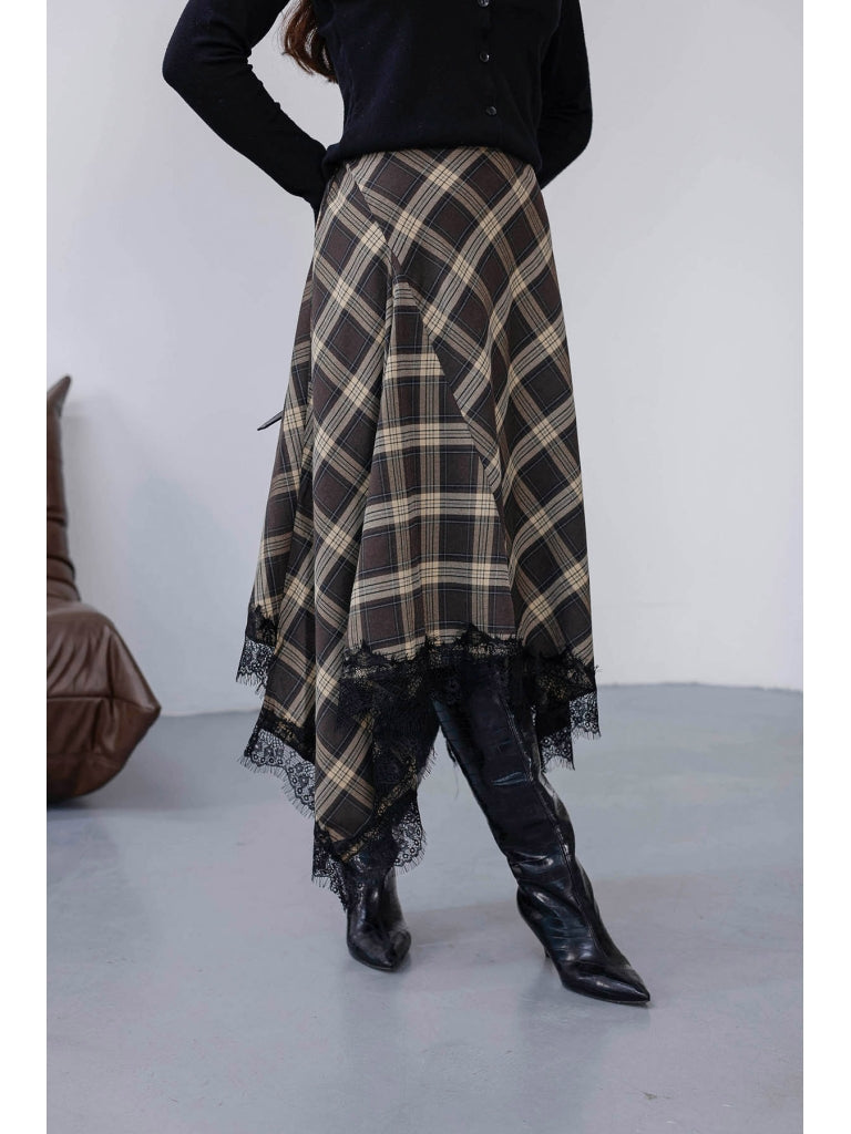 Kahverengi Etek Ucu Dantelli Ekose Etek 0783-Kahverengi