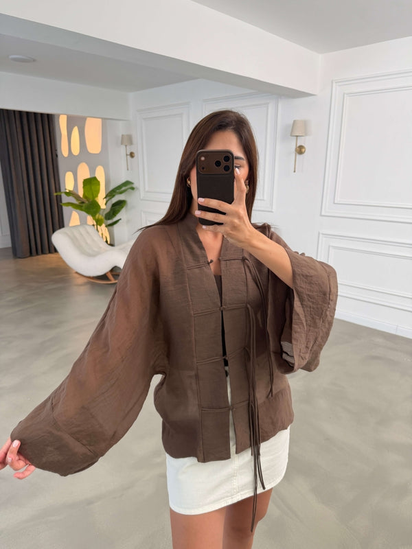 Kahverengi İp Bağcıklı Tencel Gömlek 5098-Kahverengi