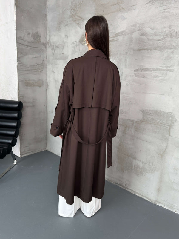 Acı Kahve Kruvaze Detaylı Oversize Trençkot