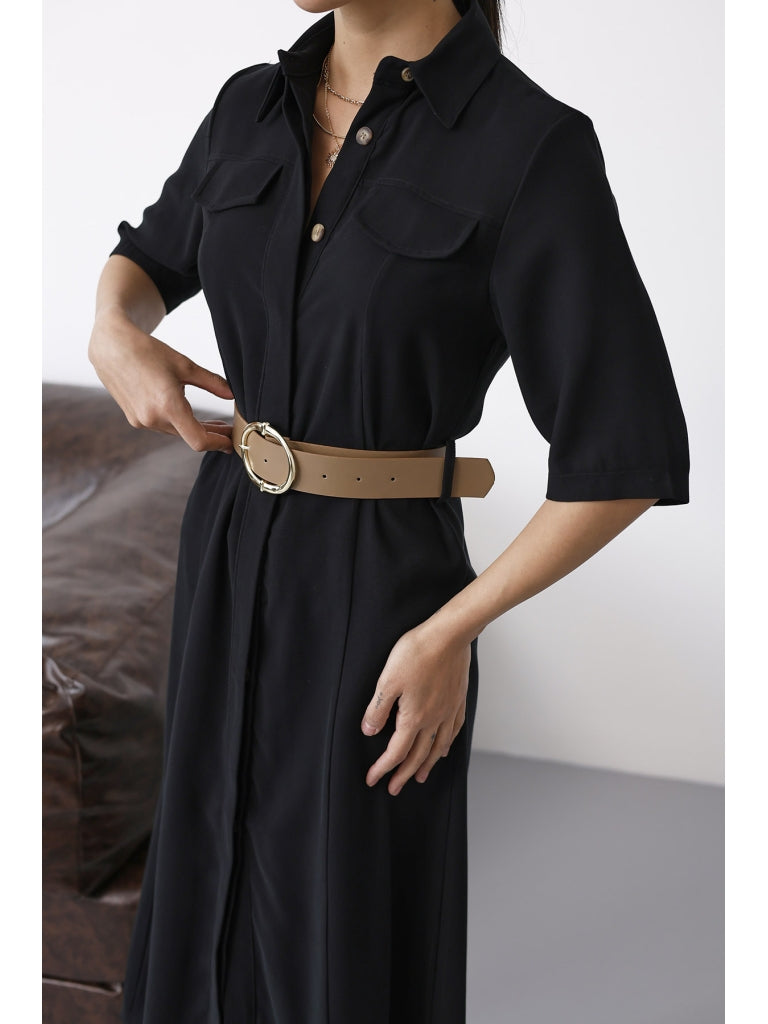 Siyah Cep Detaylı Kısa Kol Elbise 8124-Siyah